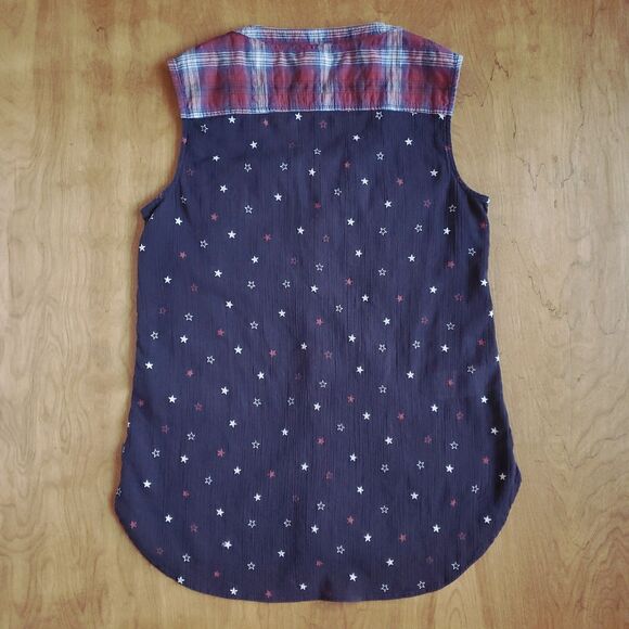 Eddie Bauer Sleeveless Top Sz S Navy Blue Red White Stars Plaid Trim 4th of July - Picture 6 of 8